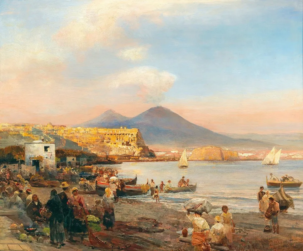 Sunset In The Bay Of Naples by Oswald Achenbach - Canvas Print