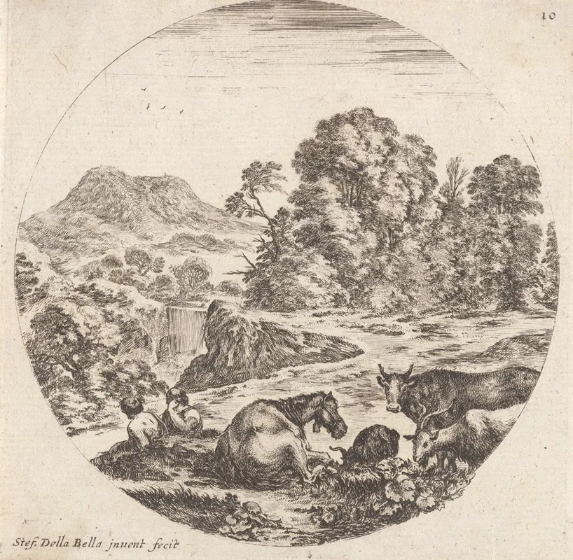 Sur Le Devant Un Cheval Couche Deux Chevres Et Une Vache Debout Et Deux Patres Assis by Stefano Della Bella - Canvas Print