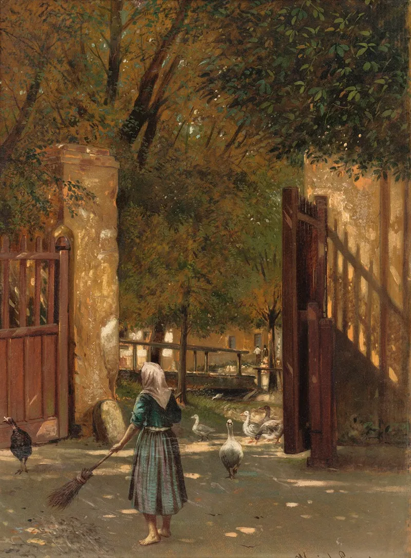 Sweeping The Courtyard by Eduard Majsch - Canvas Print