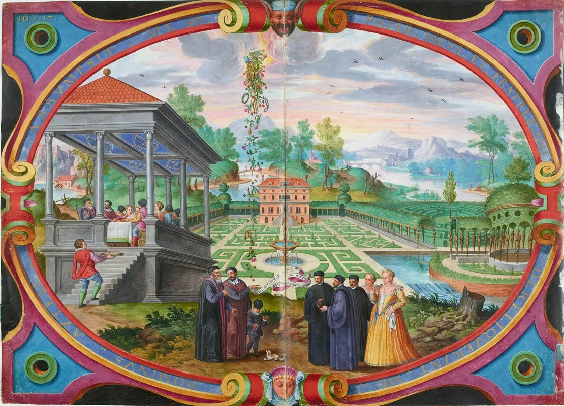 Tableau Representant Magius Et Son Fils Devant Un Paysage De Jardins Et De Montagnes