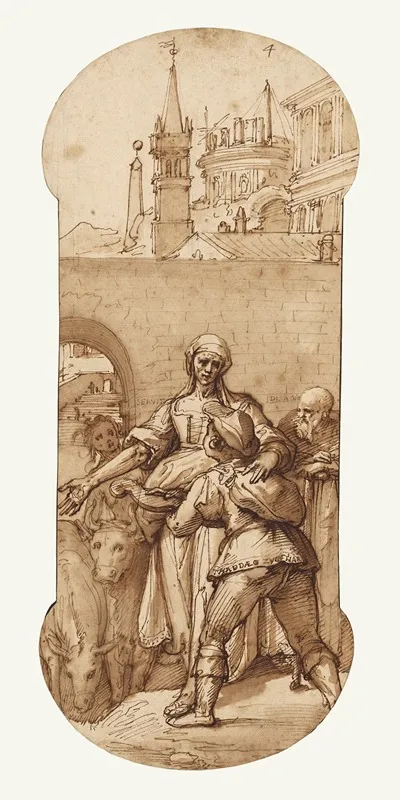 Taddeo At The Entrance To Rome Greeted By Toil Servitude And Hardship And By Obedience And Patience The Ass And Ox by Federico Zuccaro - Canvas Print