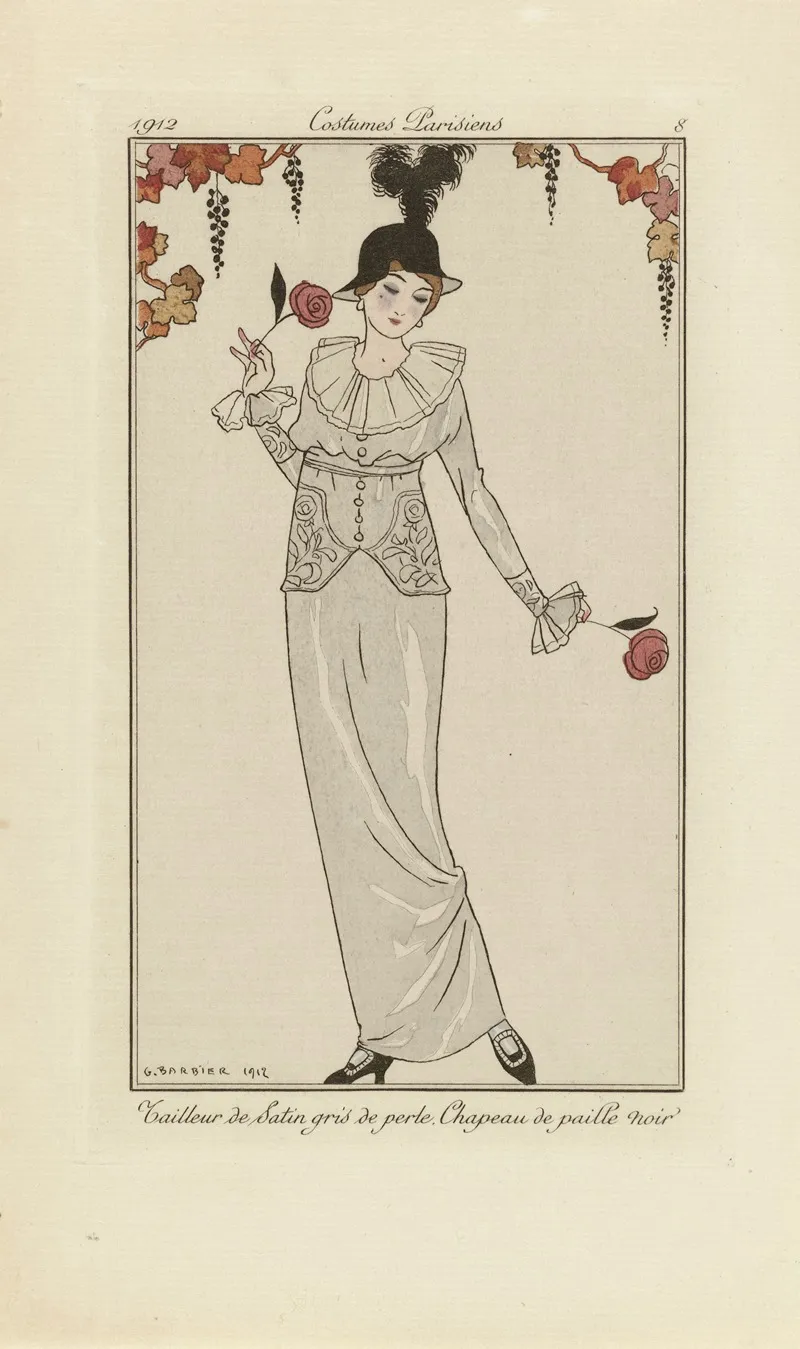 Tailleur De Satin Gris De Perle Chapeau De Paille Noir