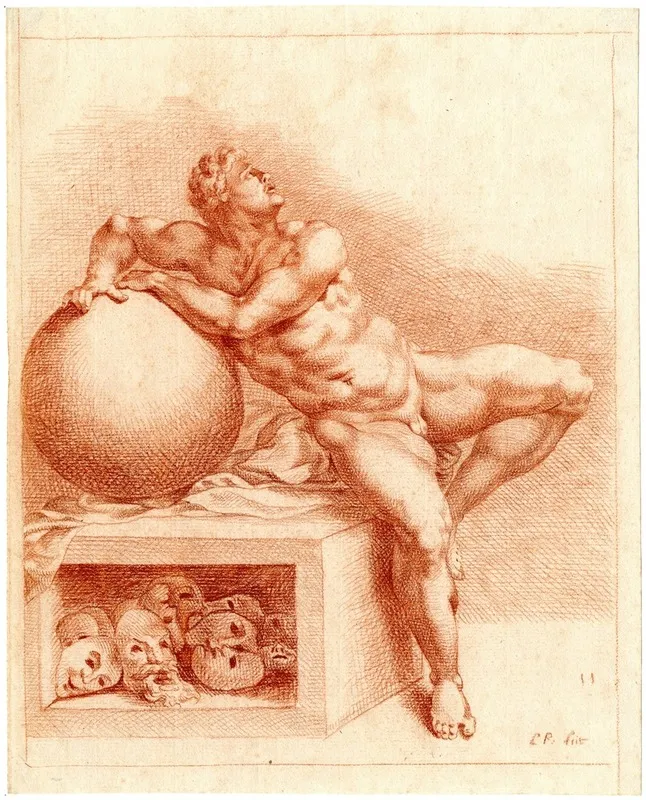 Tekening Van Zittende Man Met Bol En Maskers De Droom
