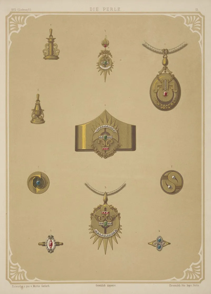 Ten Designs For Jewelry Including Pointed Gold Bracelet With Diamonds And Red And Green Stones by Martin Gerlach - Canvas Print