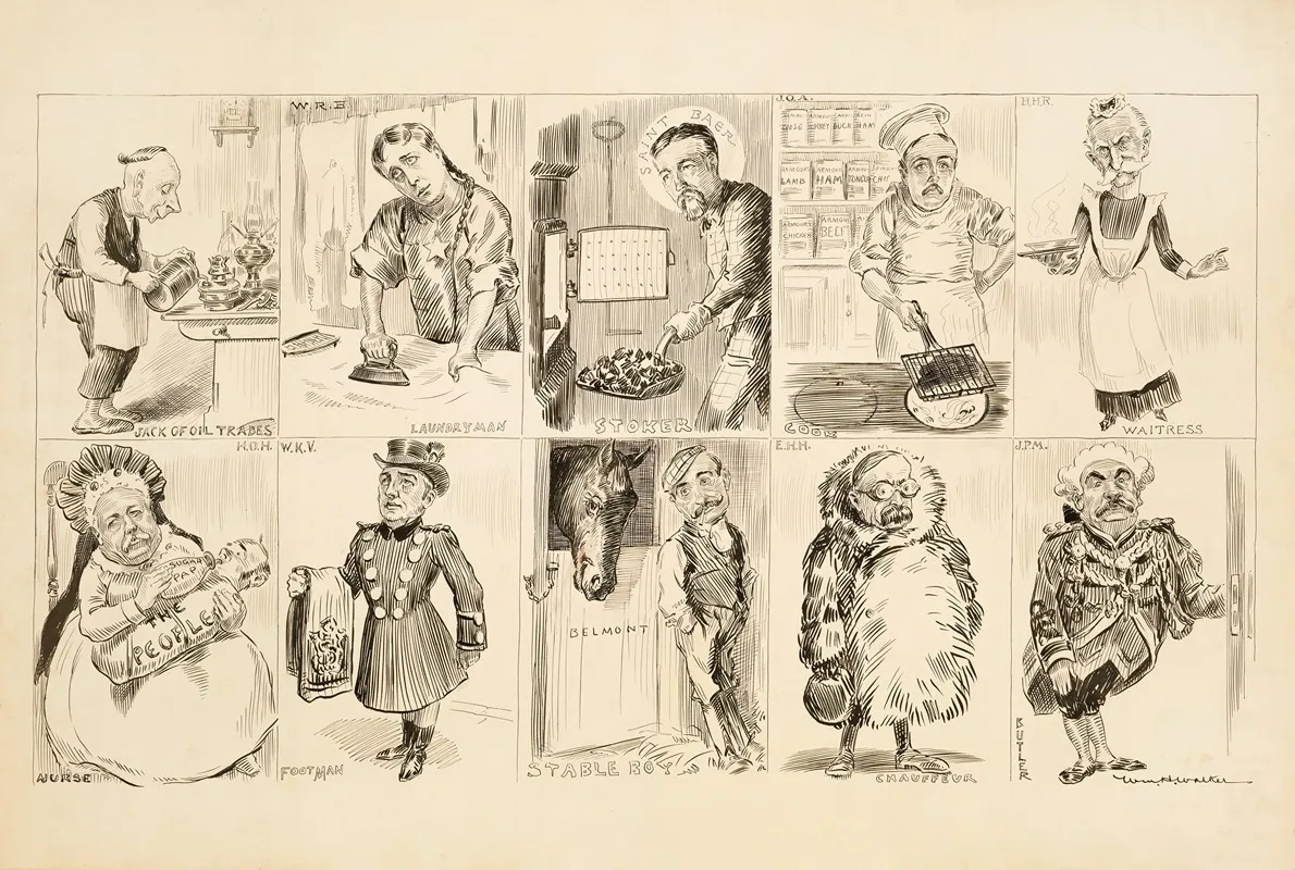 Ten Wealthy Americans Identified By Their Initials Are Depicted Doing Various Menial Jobs One Of The Men Is J Pierpont Morgan