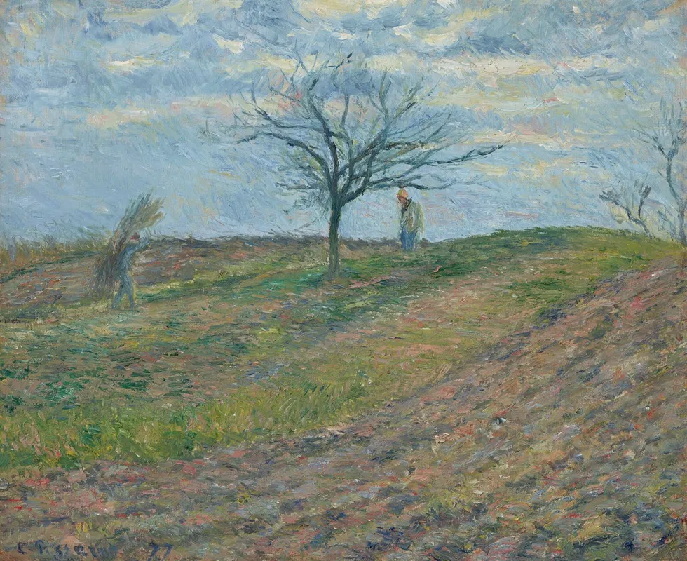 Terre Labouree En Hiver Avec Un Homme Portant Un Fagot