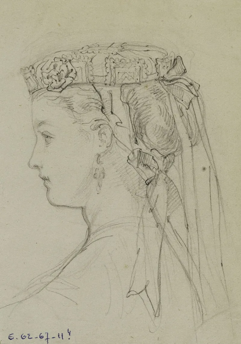 Tete Feminine De Profil Avec Toque A Fleurs Et Rubans Noues Derriere by Anaïs Colin-Toudouze - Canvas Print