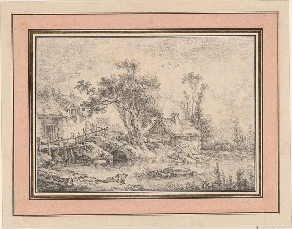 Thatched Mill Cottage And Shed With Two Trees At The Edge Of A Stream