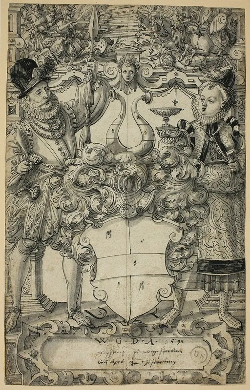 The Arms Of Habsberg Flanked By An Elegant Couple by Daniel Lindtmayer - Canvas Print