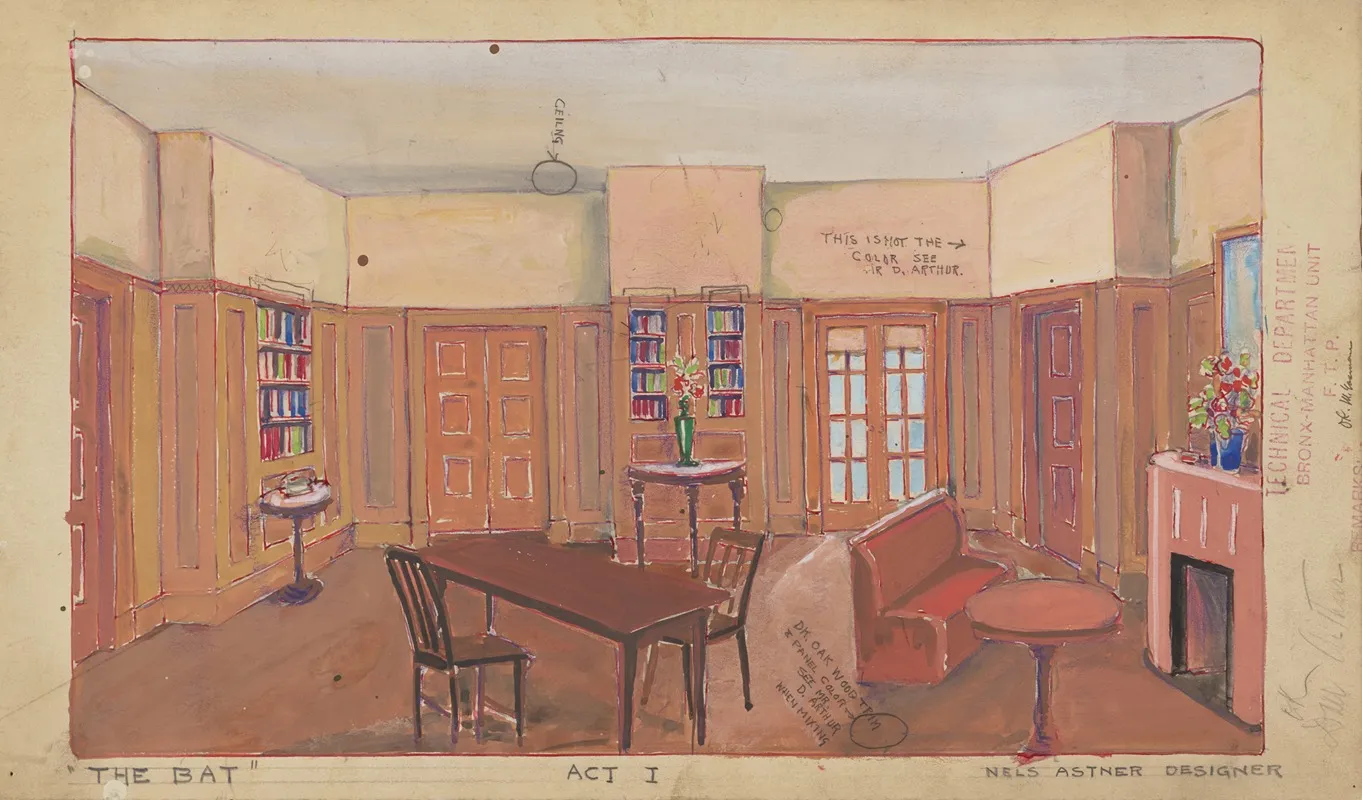 The Bat Sketch No 1 Act I Domestic Interior by Nels Astner - Canvas Print