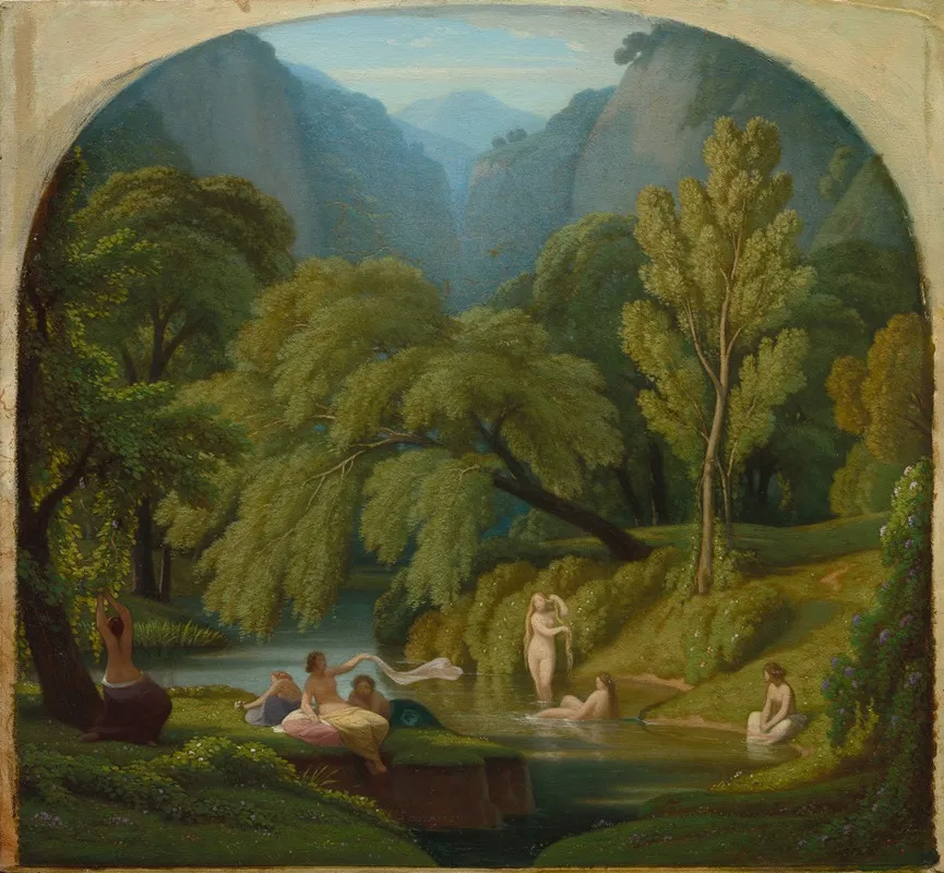 The Bathers Souvenir Of The Banks Of The Anio River At Tivoli 2 by Théodore Caruelle d'Aligny - Canvas Print
