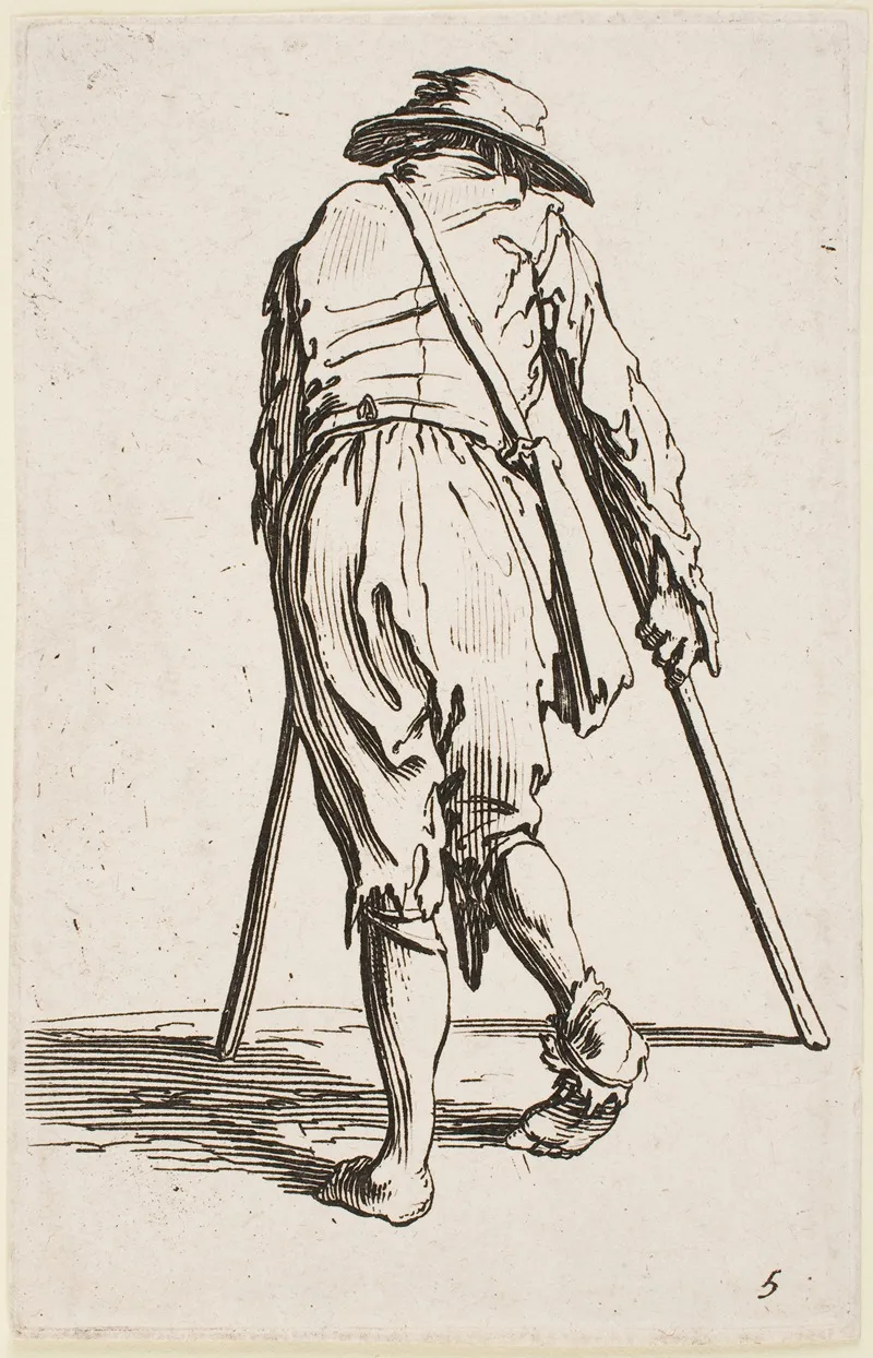The Beggar On Crutches Wearing A Hat And Seen From Behind