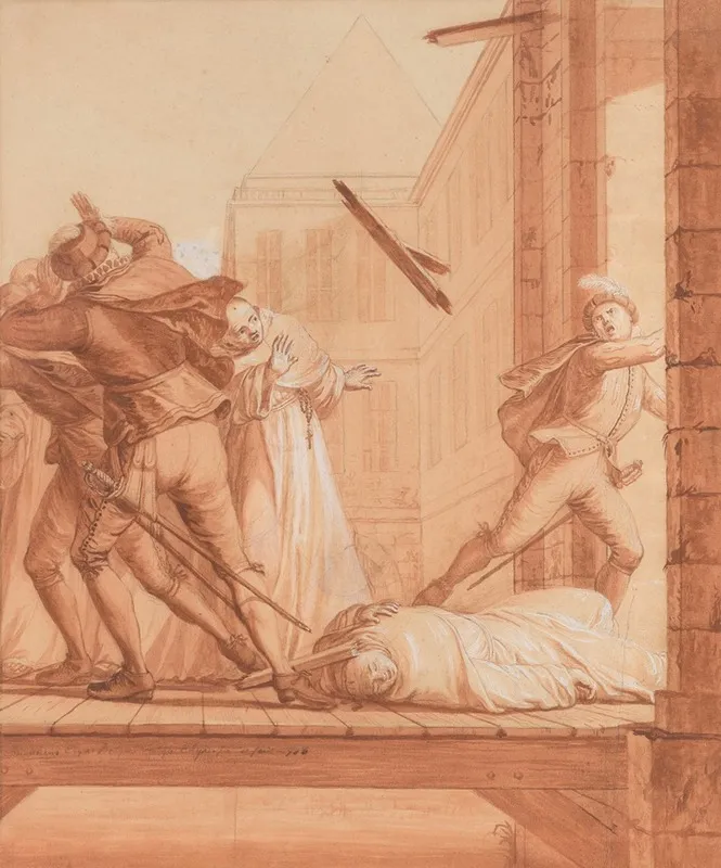 The Blessed Abbot Having Retired To The Chateau De Montaigu Soldiers Of The League Arrive To Capture Him As He Leaves by Matthieu Elias - Canvas Print