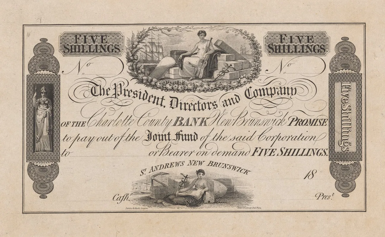 The Charlotte County Bank St Andrews New Brunswick Five Shilling Note by Perkins &amp; Heath - Canvas Print