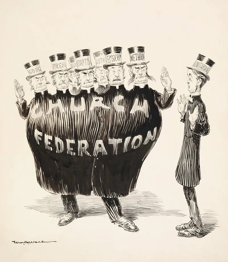 The Church Federation Is Represented As A Man With Many Heads Each Head Representing A Different Denomination