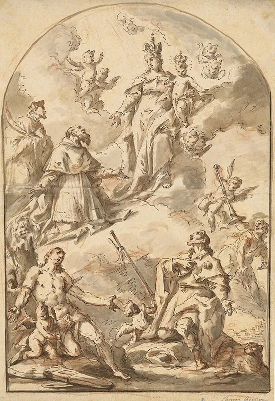 The Crowned Madonna And Child In Glory With Saints Sebastian Roch Jerome And John Nepomuk