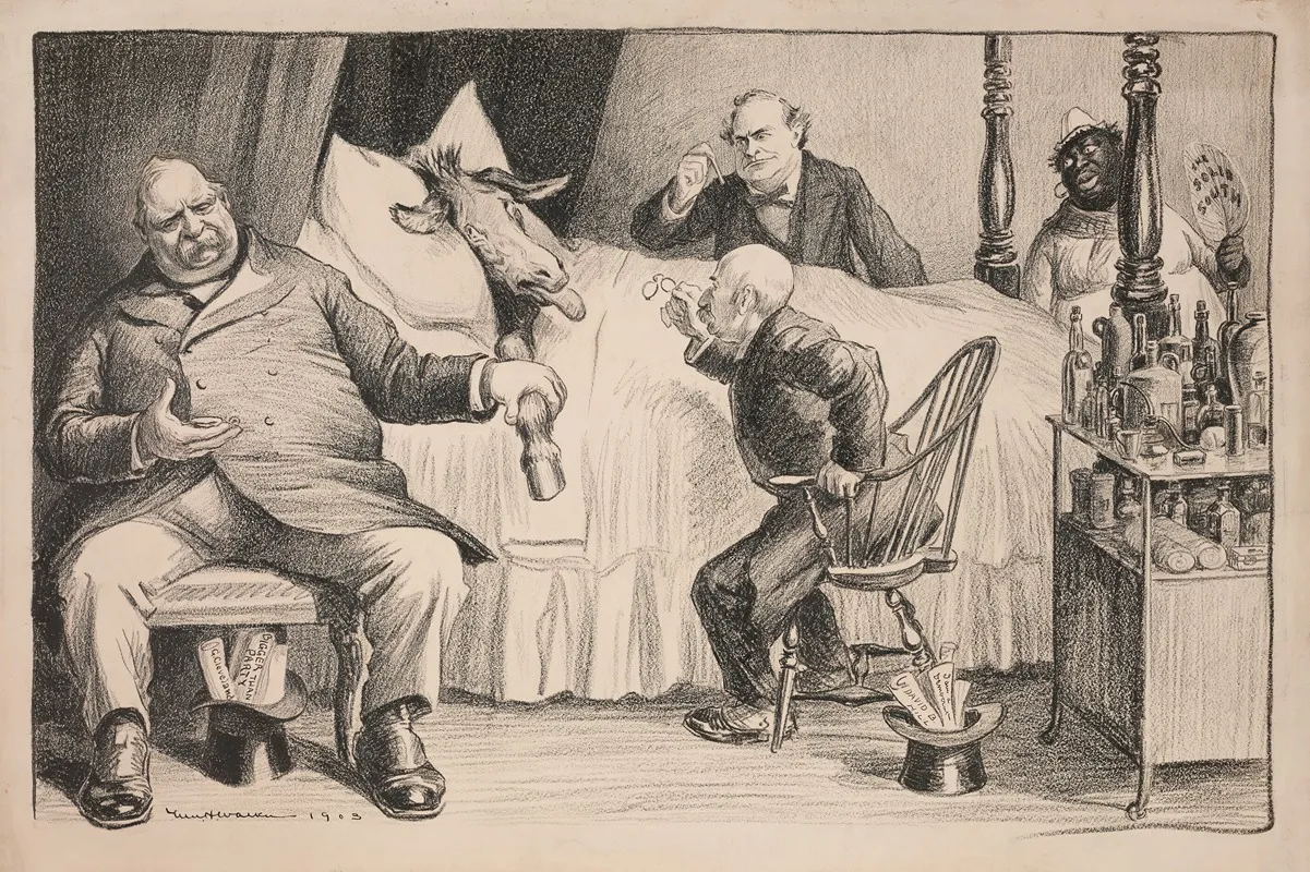 The Democratic Party Donkey Is Ill In Bed Tended By Doctors Grover Cleveland David B Hill And William Jennings Bryan