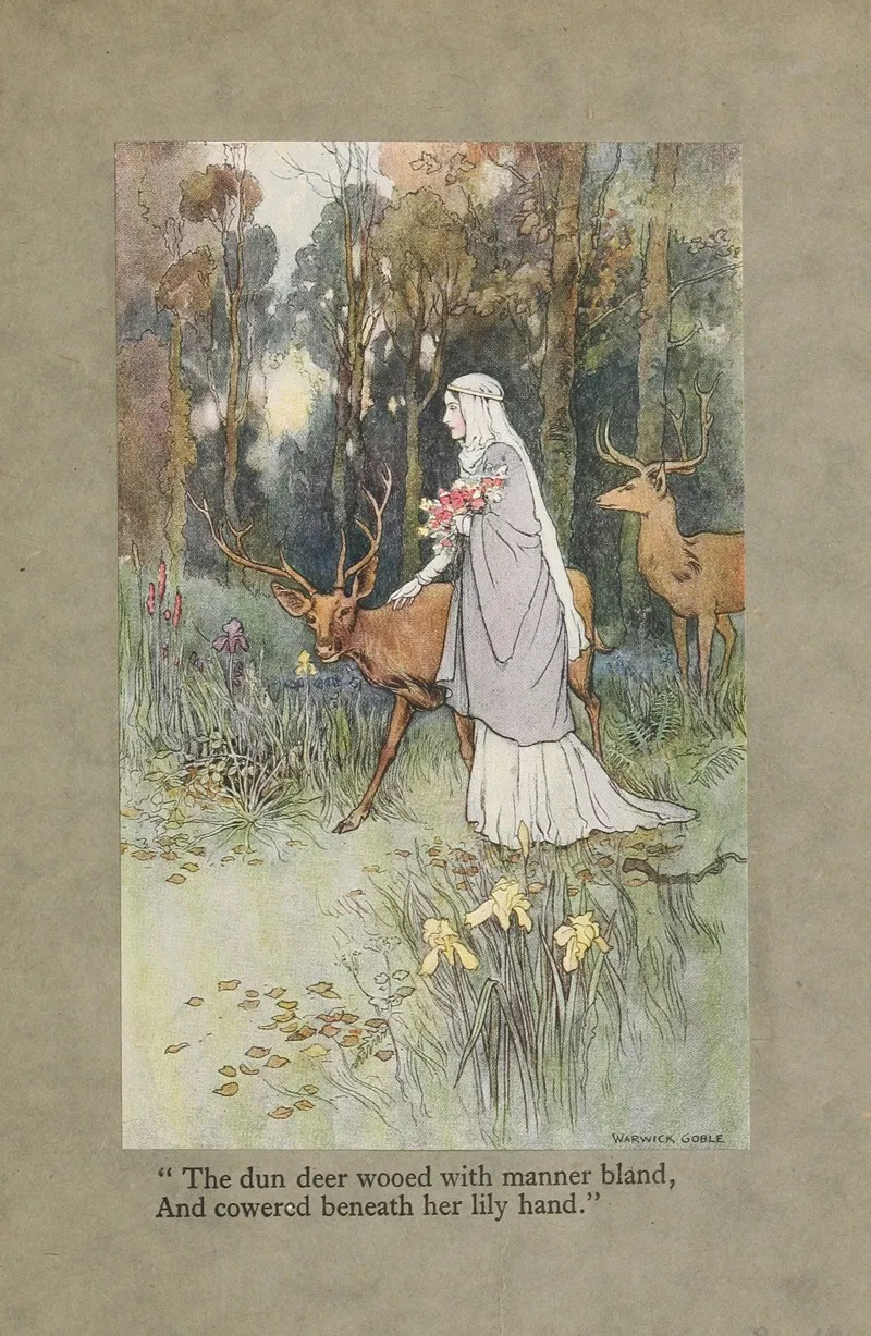 The Dun Deer Wooed With Manner Bland And Cowered Beneath Her Lily Hand by Warwick Goble - Canvas Print