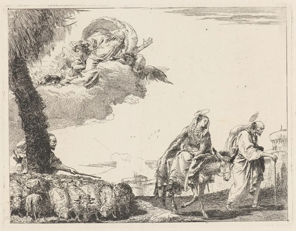 The Flight With The Holy Family At The Right by Giovanni Domenico Tiepolo - Canvas Print
