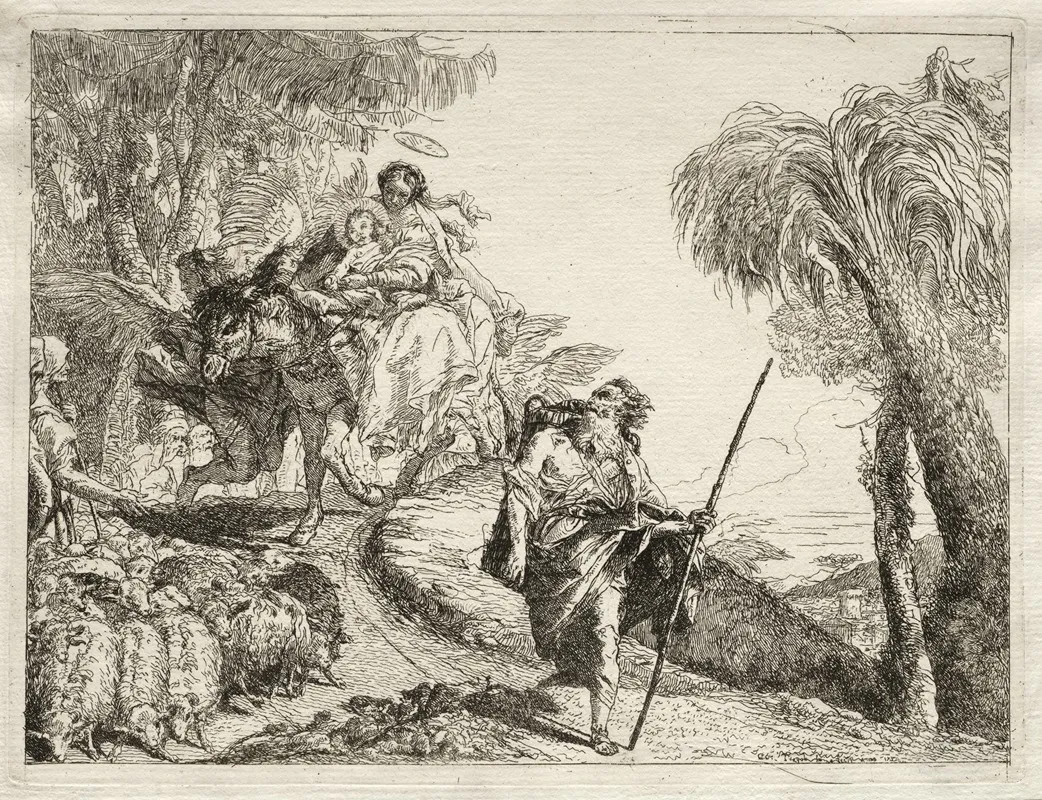 The Holy Family And The Flock Of Sheep by Giovanni Domenico Tiepolo - Canvas Print