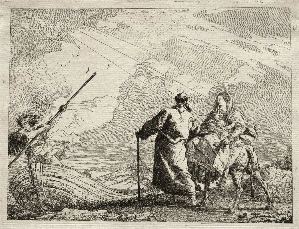The Holy Family Arriving At The Bank Of The River by Giovanni Domenico Tiepolo - Canvas Print