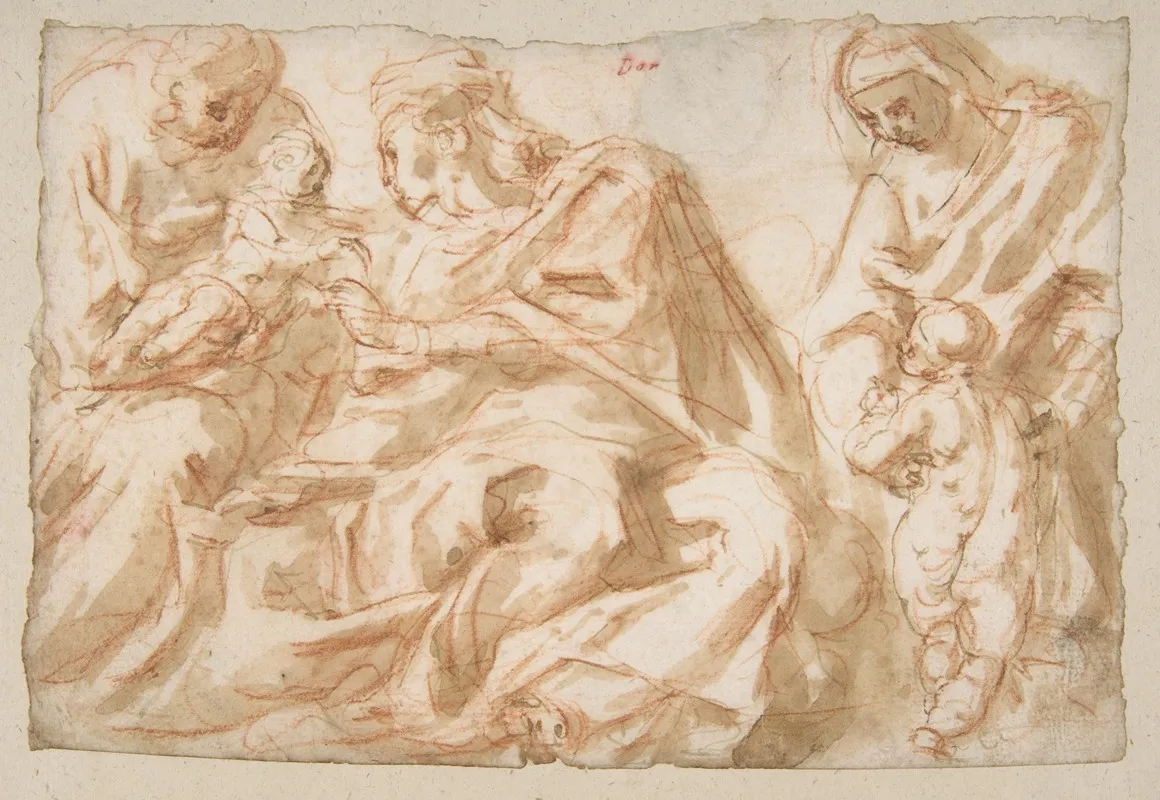 The Holy Family With Saint Elizabeth And The Infant Baptist by Cesare Pollino - Canvas Print