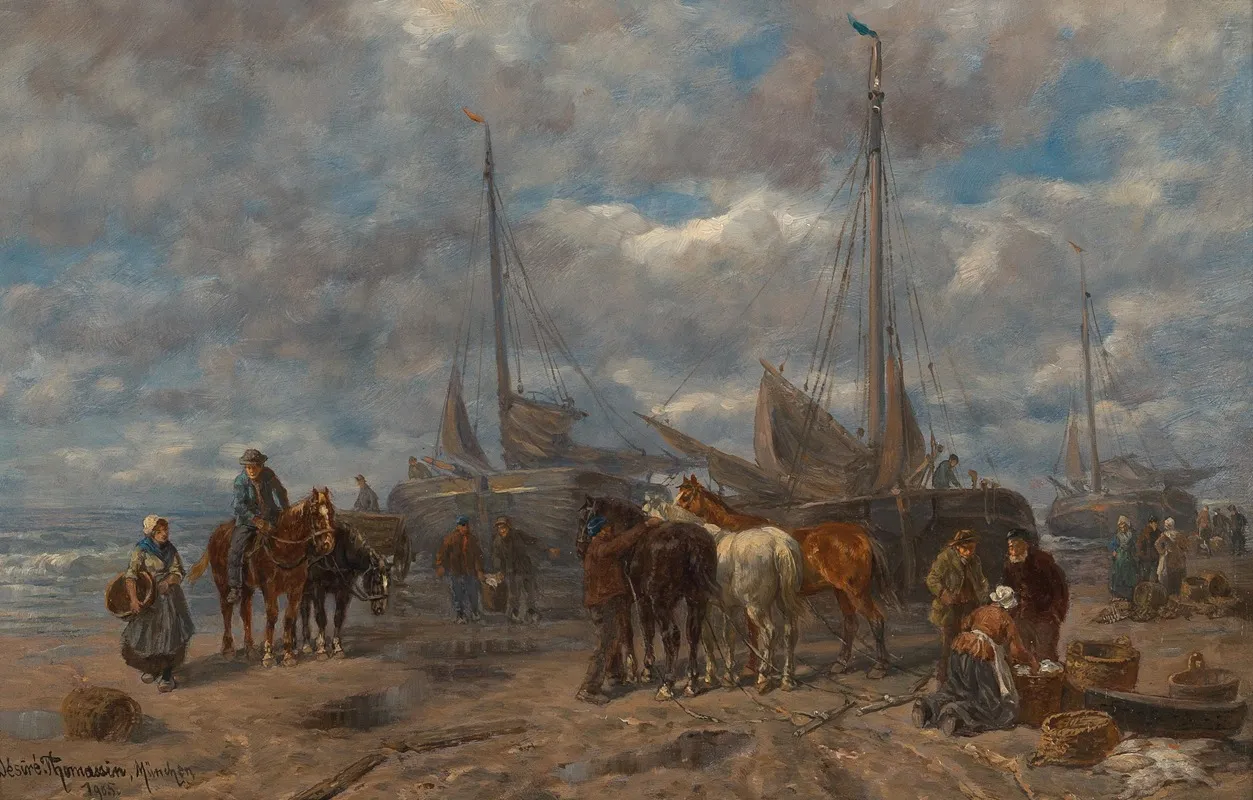 The Homecoming Of The Fishermen Market On The Beach by Désiré Thomassin - Canvas Print