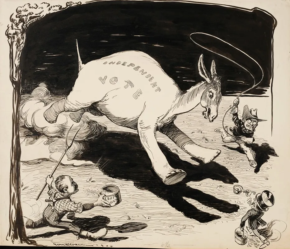 The Independent Vote Depicted As An Elephant With A Donkey Head Is Chased By Theodore Roosevelt Swallow And Esop