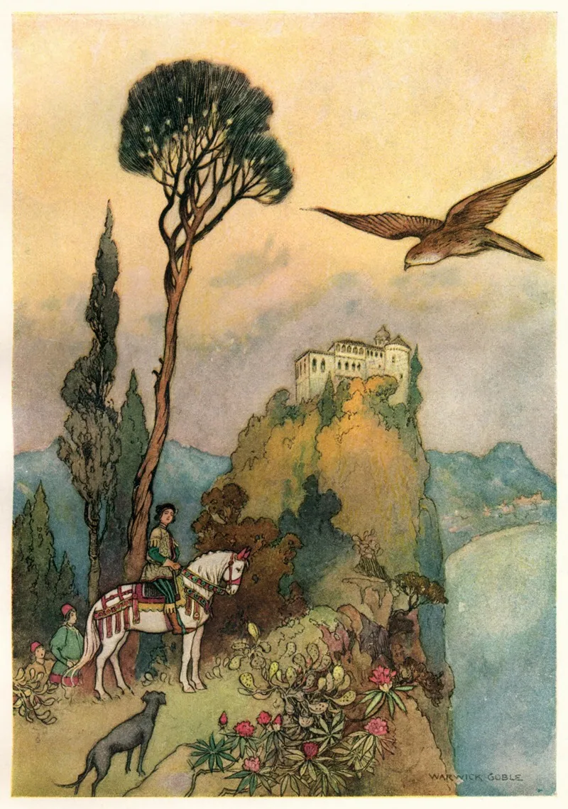 The King And The Falcon Outside The Palace by Warwick Goble - Canvas Print