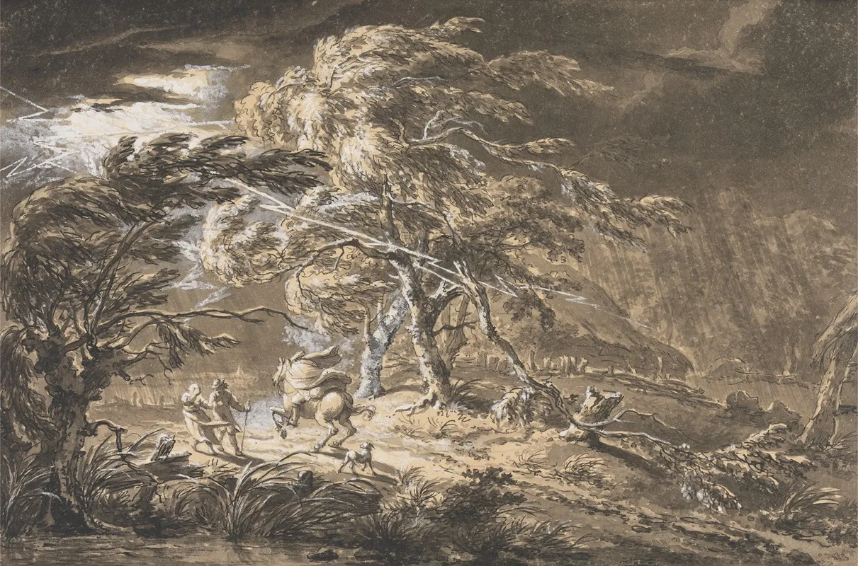 The Lightning Flash Travellers In A Thunderstorm On A Woodland Road by George Barret - Canvas Print