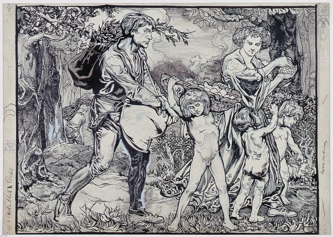 The Month Of September Personified By Two Adults And Three Children Coming From The Forest With Provisions
