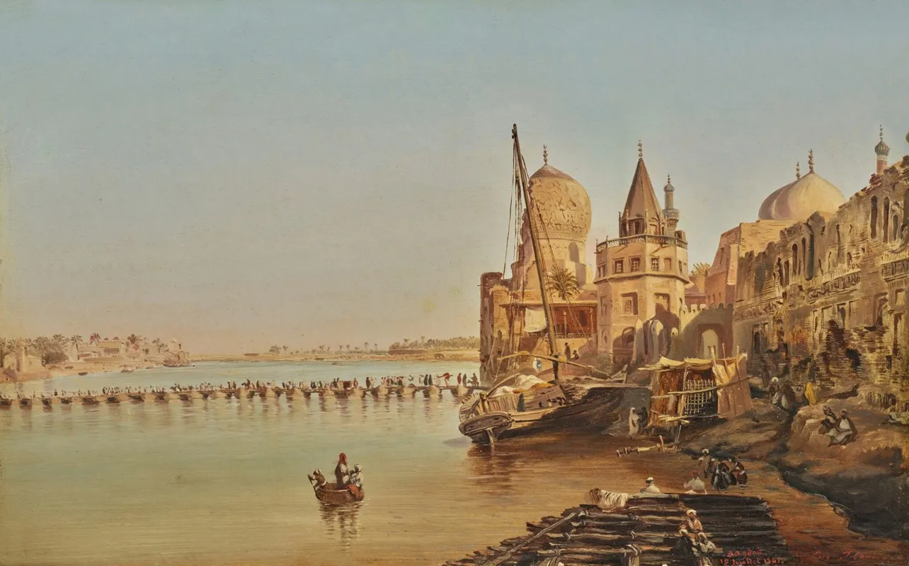 The Old Boat Bridge Baghdad by Eugène Flandin - Canvas Print