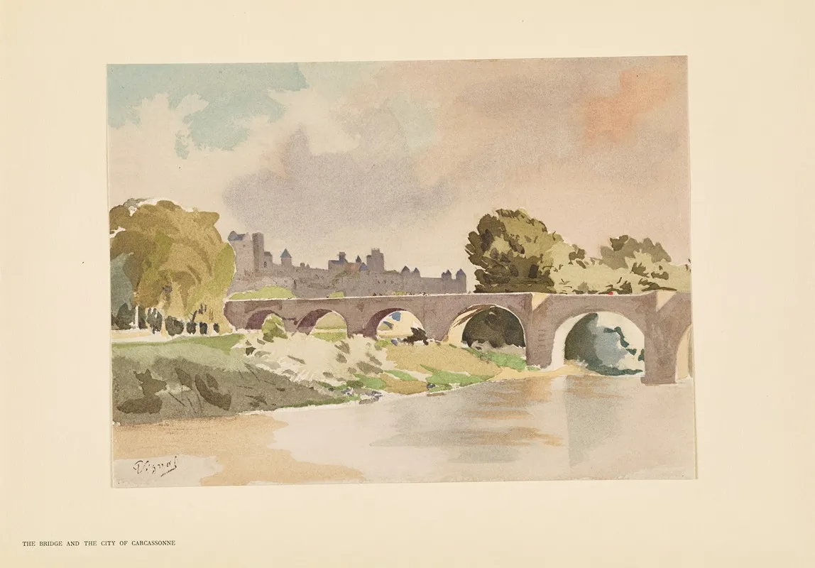 The Old Bridge At Carcassonne And The Walls Of The City by Pierre Vignal - Canvas Print