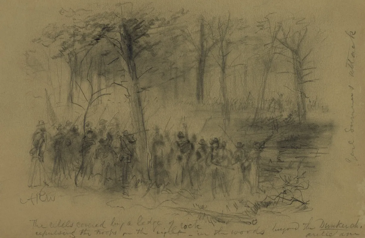The Rebels Covered By A Ledge Of Rock Repulsing The Troops On The Right In The Woods Beyond The Duncker Ch Antietam