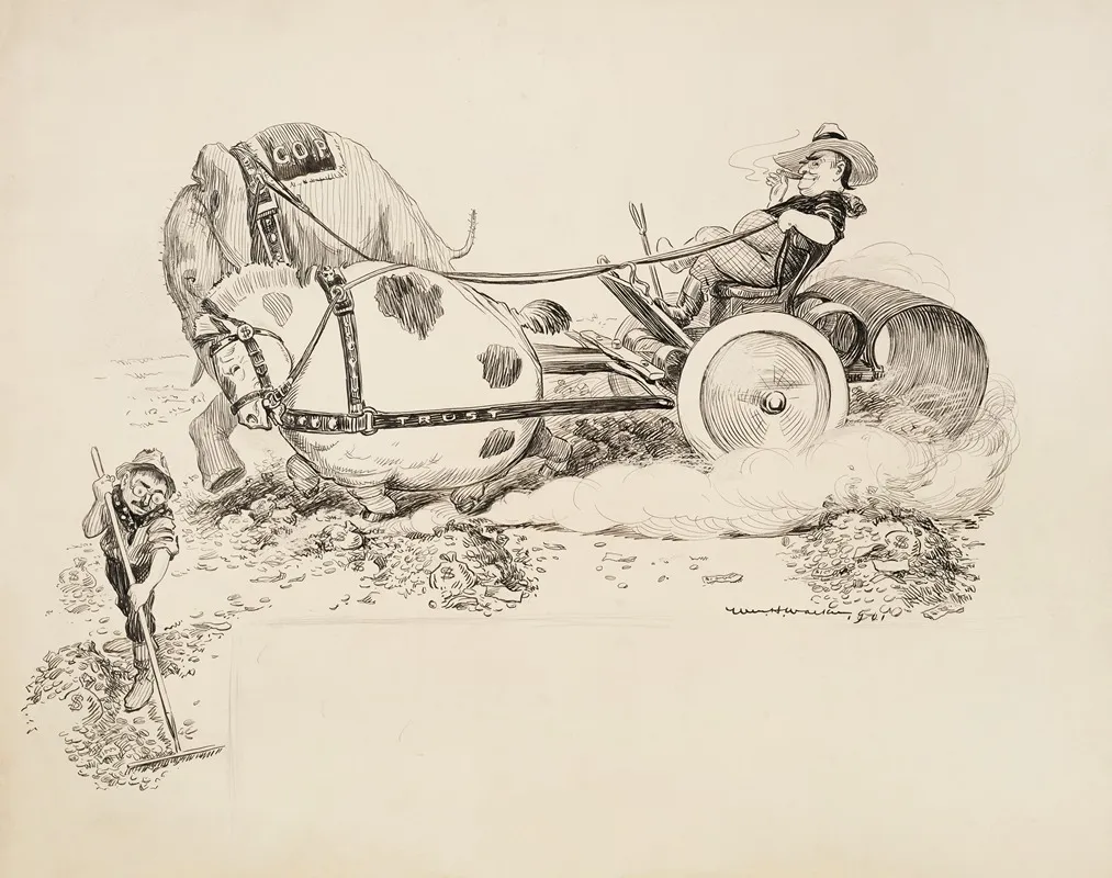 The Republican Party Elephant And A Fat Horse Representing The Trusts Are Hitched Together On A Plow That Is Harvesting Money