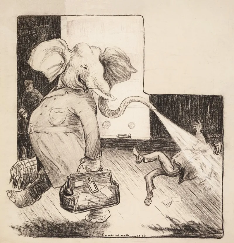 The Republican Party Elephant Blasts A Man Walking Behind Him With Water From His Trunk