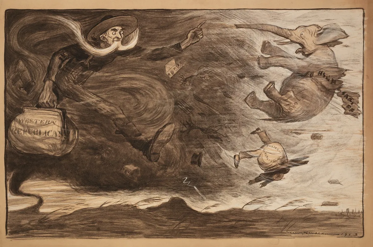 The Republican Party Elephant With A Banner Reading High Tariff And A Man Representing Eastern Republicans Are Blown Away By A Tornado