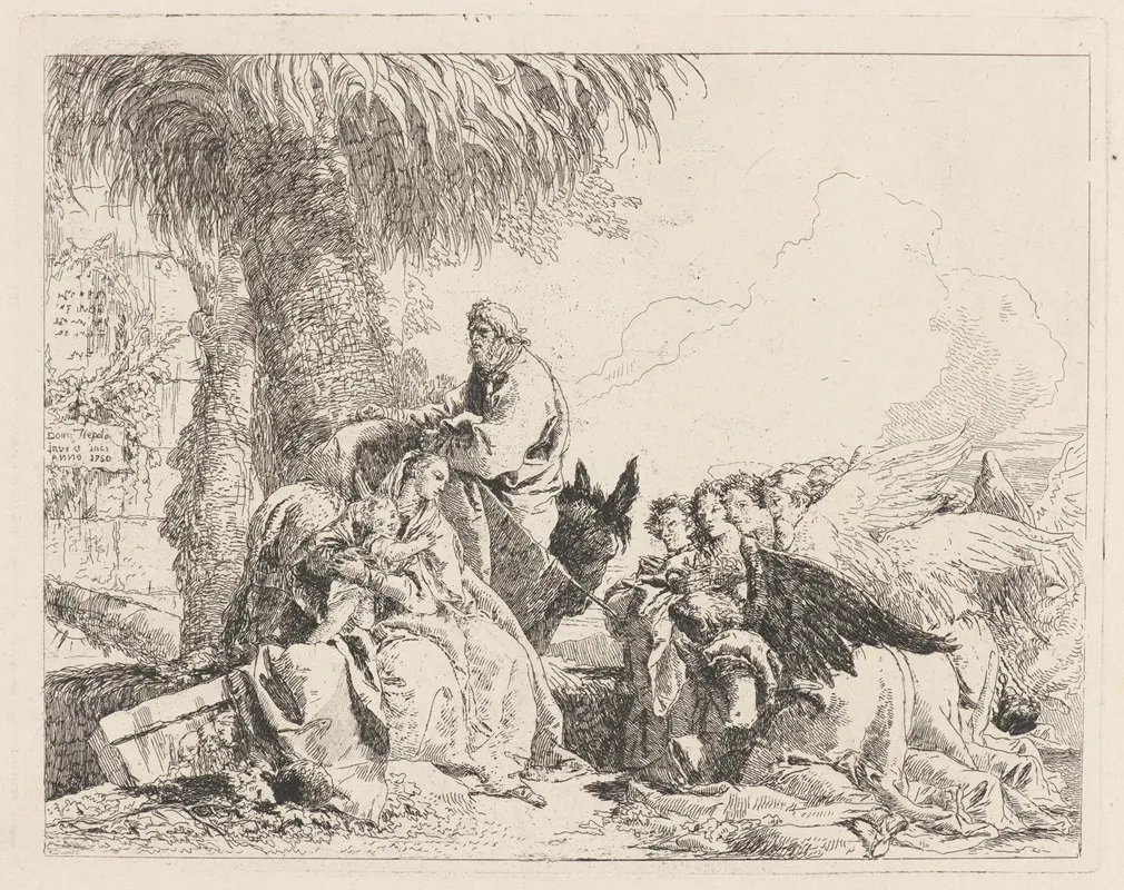 The Rest On The Flight With Adoring Angels by Giovanni Domenico Tiepolo - Canvas Print