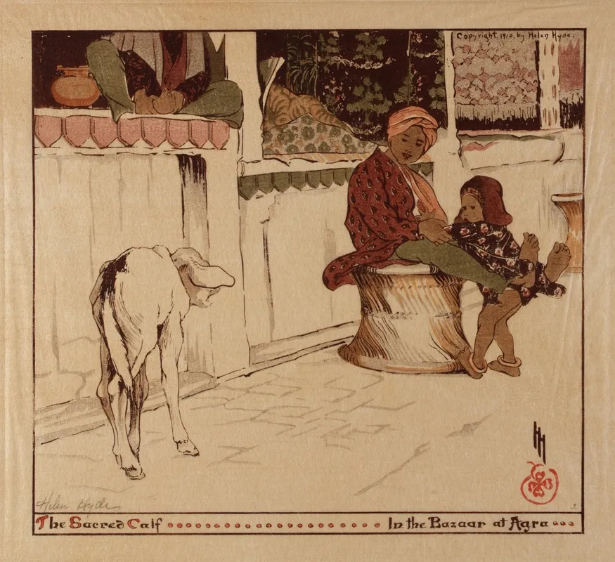 The Sacred Calf In The Bazaar At Agra by Helen Hyde - Canvas Print