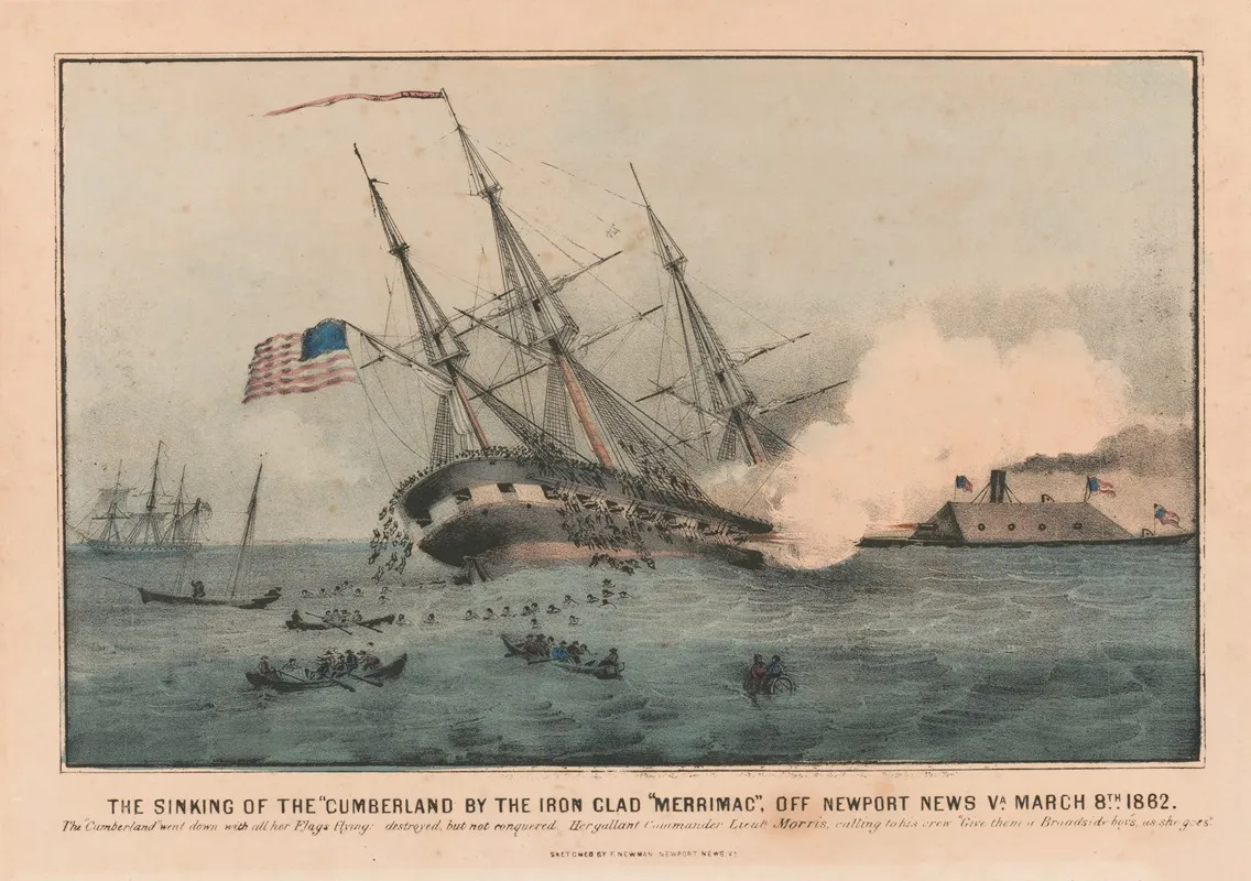The Sinking Of The Cumberland By The Iron Clad Merrimac Off Newport News Va March 8th 1862