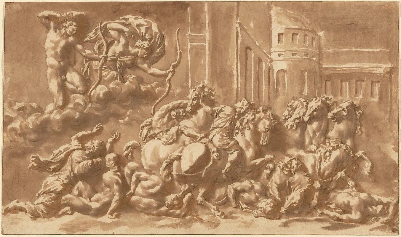 The Sons Of Niobe Being Slain By Apollo And Diana by Jan de Bisschop - Canvas Print