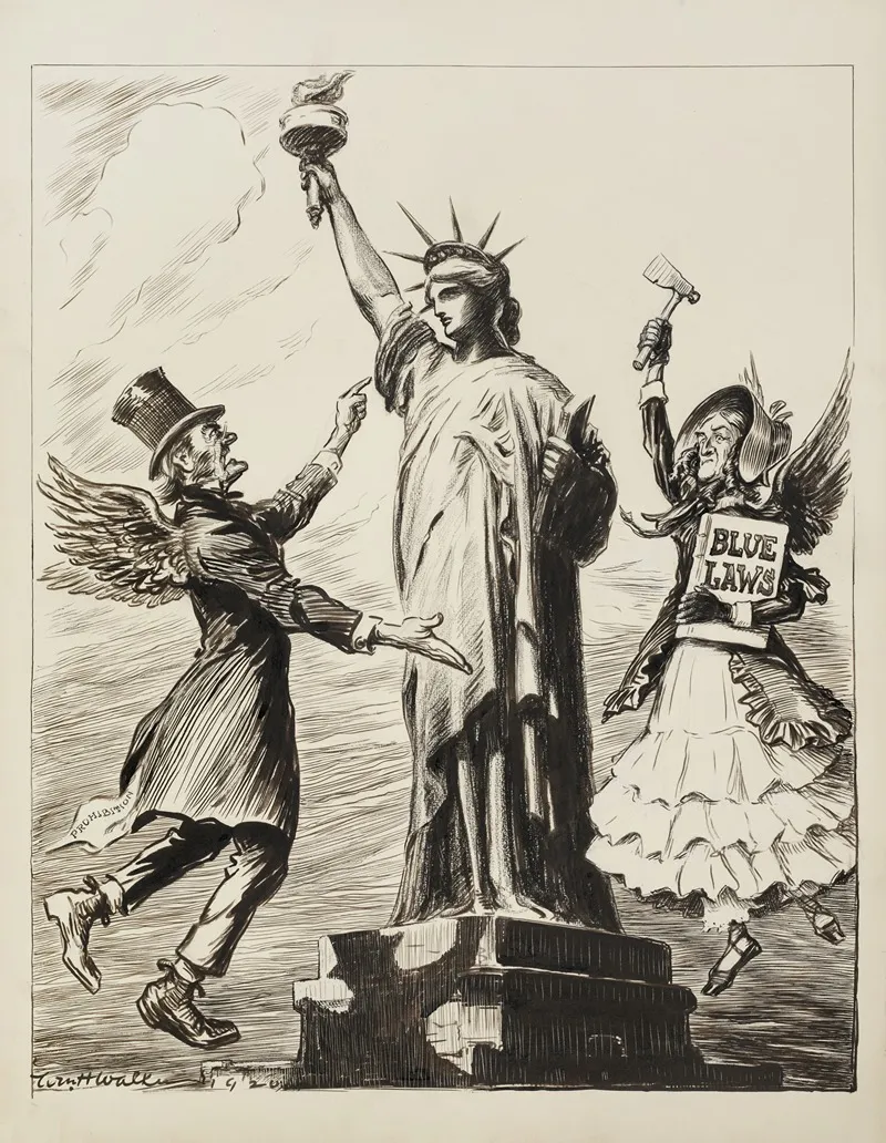 The Statue Of Liberty Is Attacked By A Man Representing Prohibition And A Woman Representing Blue Laws