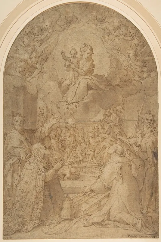 The Virgin And Child Appearing To Saint Peter Saint Damasus Saint Lawrence And Saint Paul The Martyrdom Of Saint Lawrence In The Background by Federico Zuccaro - Canvas Print