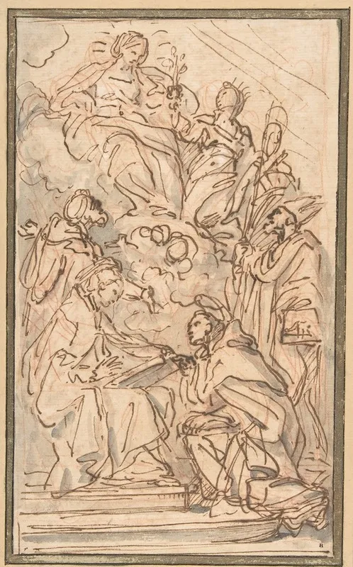 The Virgin With Female Attendant Appearing To Four Male Saints