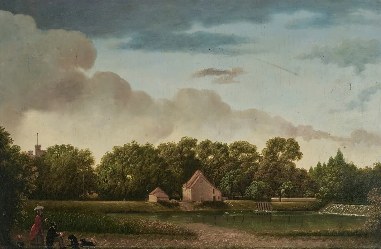 The Weir At Canford Manor With A Gentleman Sketching Observed By A Lady And Two Dogs by Thomas Bremond - Canvas Print