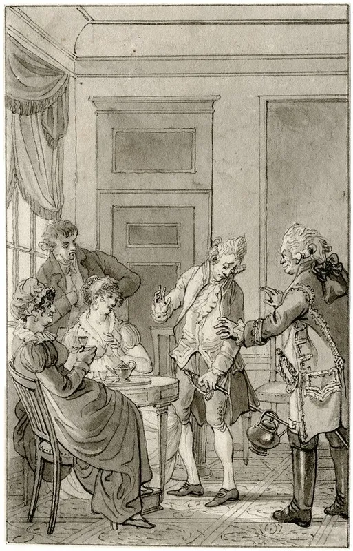 Theedrinkend Gezelschap Kwam Zijn Degen Bij Toeval by Reinier Vinkeles - Canvas Print