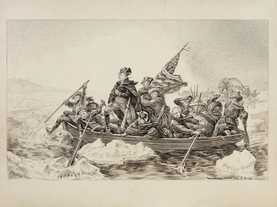 Theodore Roosevelt And His Supporters Depicted As Washington Crossing The Potomac