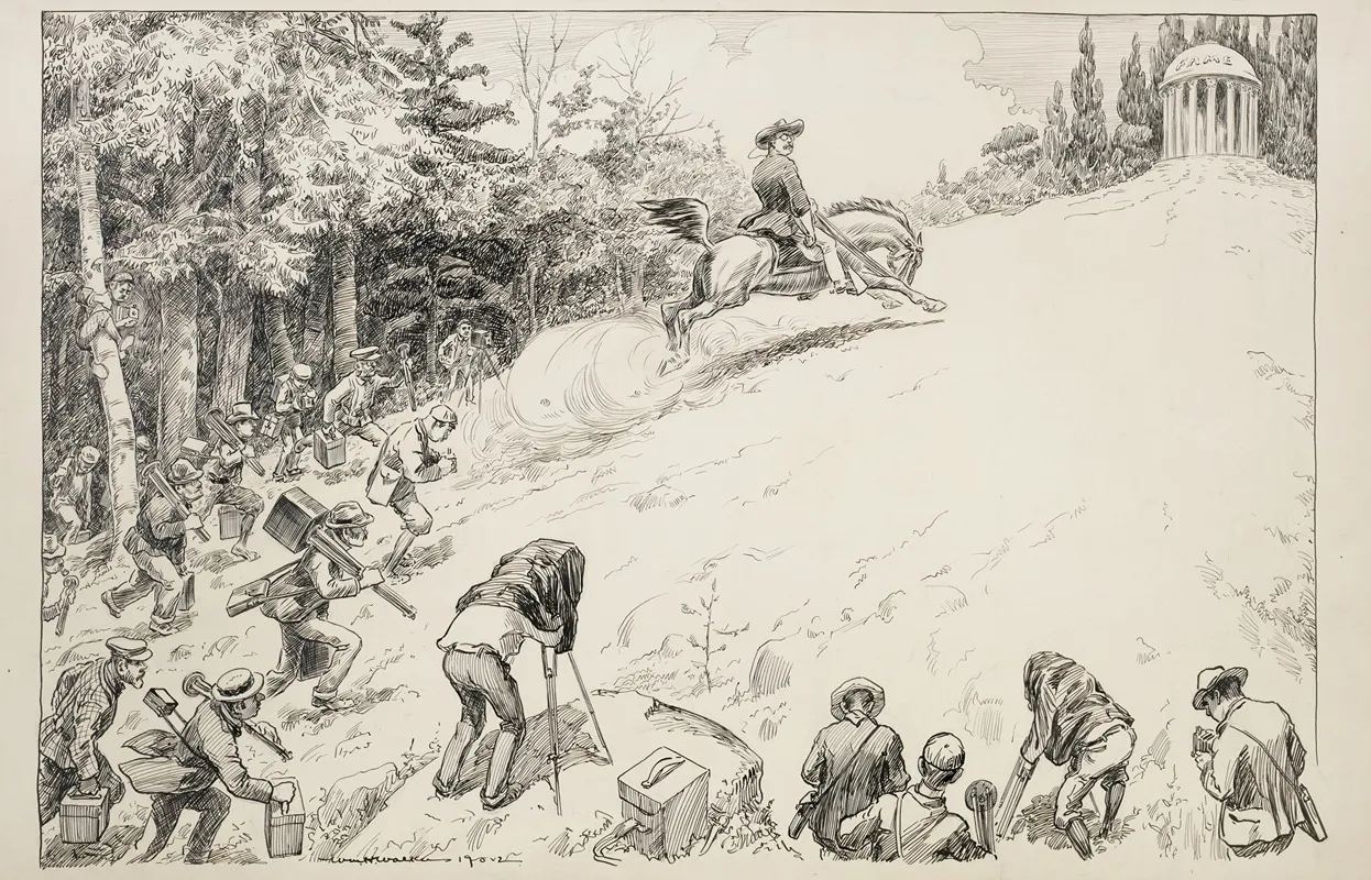 Theodore Roosevelt Charges Up A Hill Towards A Building Representing Fame With A Group Of Photographers Following Him Instead Of An Army