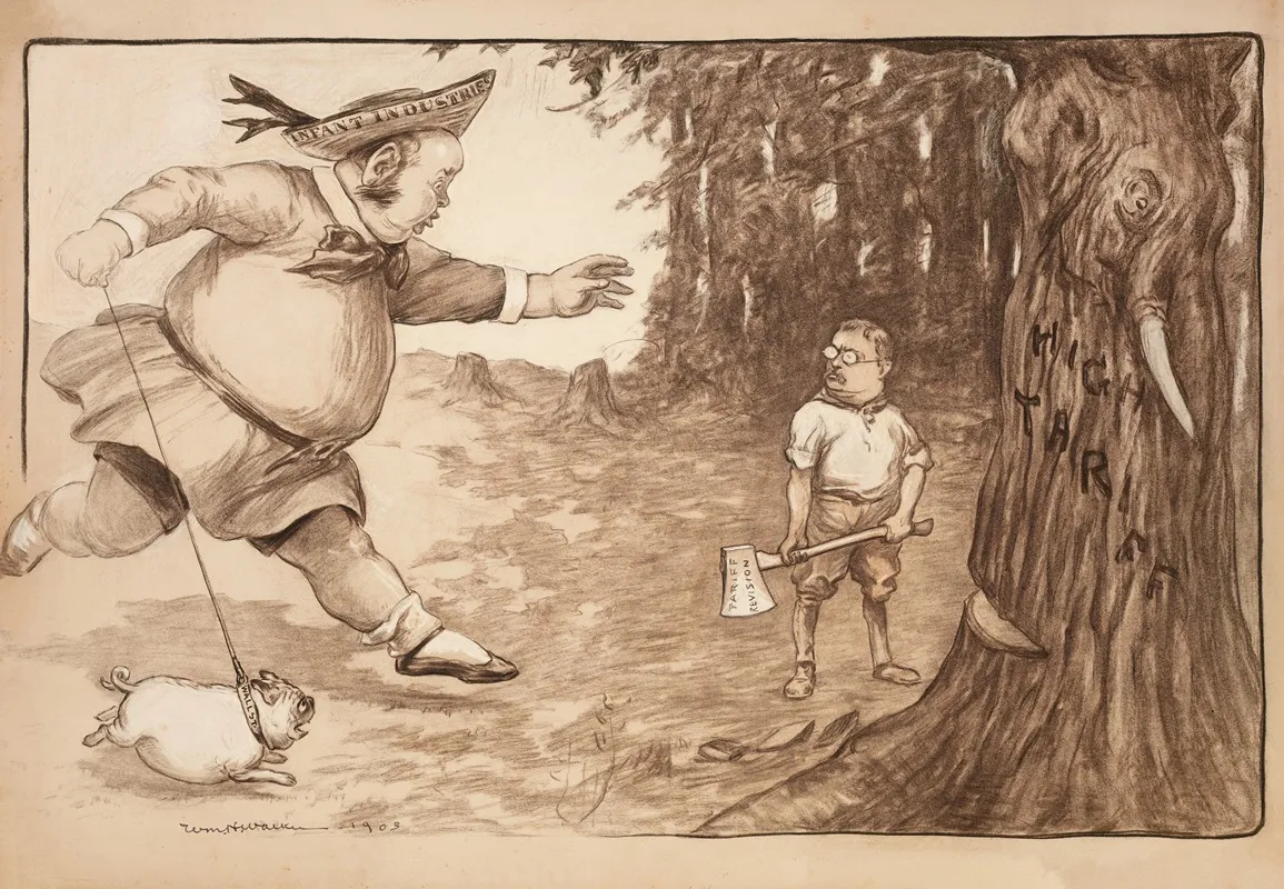 Theodore Roosevelt Chops Down A Tree Representing High Tariffs With An Ax Representing Tariff Reform