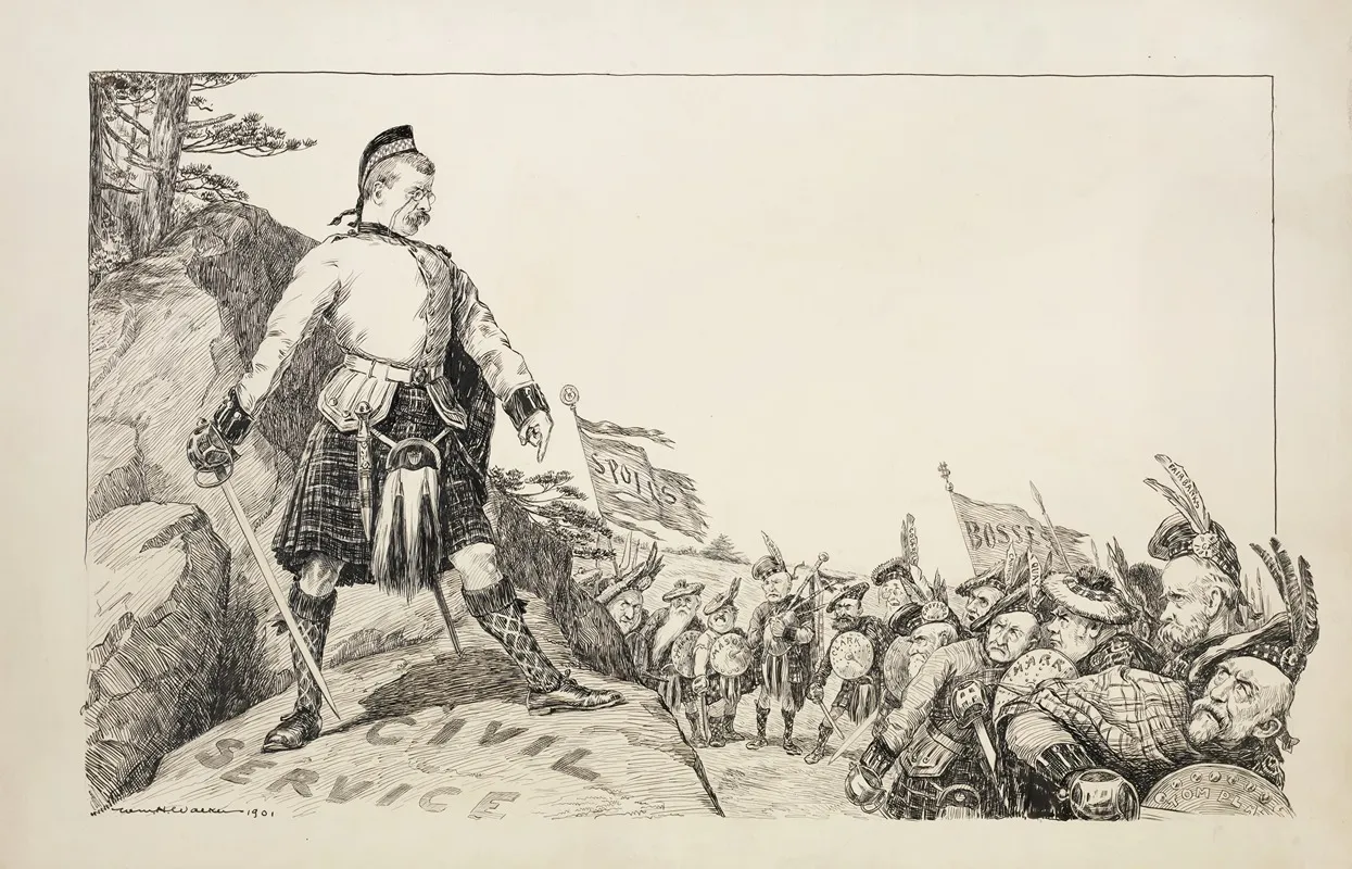 Theodore Roosevelt Defends A Hill Representing The Civil Service From An Army With Flags Reading Spoils And Bosses